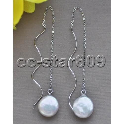 Z11126 12mm White Coin Pearl 925silver Chain Dangle Earring