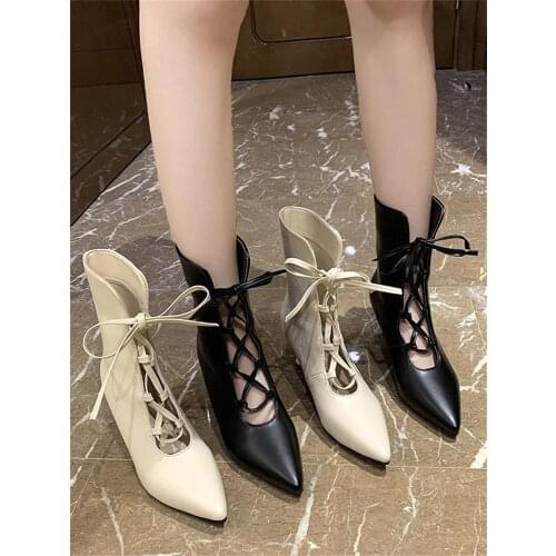 High heels womens spring and autumn 2021 new Korean fashion lace-up non-slip motorcycle boots Martin boots pointed