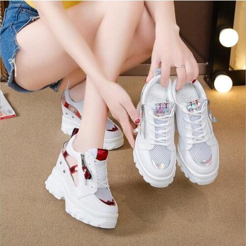 New Summer Women Sneakers Mesh High Platform Trainers White Shoes 9CM Heels Wedges Sandals Breathable Woman Casual Outdoor Shoes