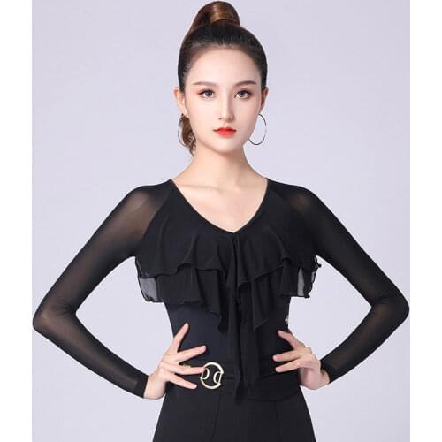 Doubl Sexy Mesh Latin Dance Top Womens Long-Sleeved Fashionable Slim Fit National Standard Lotus Leaf v-Neck Jumpsuit New Dance