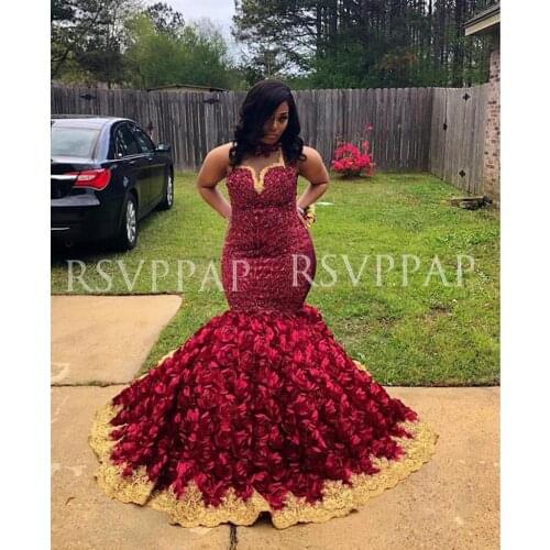 African Black Girl Plus Size Long Prom Dress 2020 Stunning Beaded Top 3D Flowers Gold Appliques Burgundy Mermaid Prom Dresses