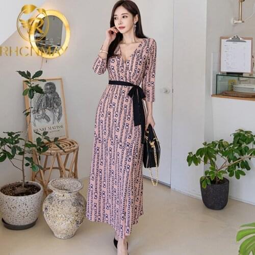 New Summer Print Long Office OL Dress Vintage Floral Lace UP 3/4 Sleeve Maxi High Waist Dress Fashion Sexy V Neck Dressss