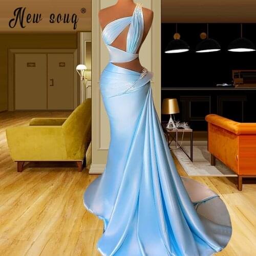 Sexy Light Sky Blue Pearls Prom Dress 2021 One Shoulder Long Evening Gown Islamic Turkish See Through Formal Party Dress