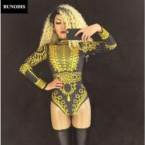 ZD090 Gold & Black Women Sexy Bodysuit Sparkling Crystals Jumpsuit Celebrate Nightclub Party Singer Performance Stage Wear