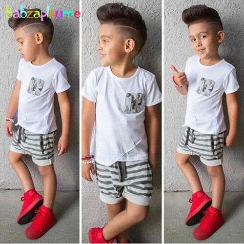 2Piece Summer Children Clothes Fashion Casual Cotton White Baby T-shirt+Kids Stripe Shorts Toddler Boys Clothing Sets BC1303-1
