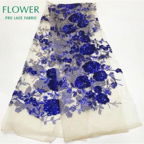 2019 Classical Party Dress Design Blue Flower Sequined Net Lace Fabrics African Sequins Wedding Mesh Prom Dresses Sewing Fabircs