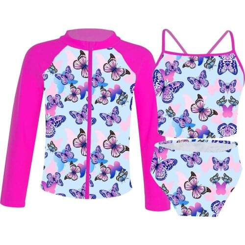 3PCS Kids Girls Swimsuits Beachwear Floral Printed Zippered Long Sleeve Coat with Bikini Briefs Swimsuit Swimwear Bathing Suits