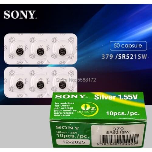 50pcs/lot For Sony 379 Original 1.55V Watch Battery 379 SR521SW D379 SR63 V379 AG0 Button Coin Cell Single grain packing