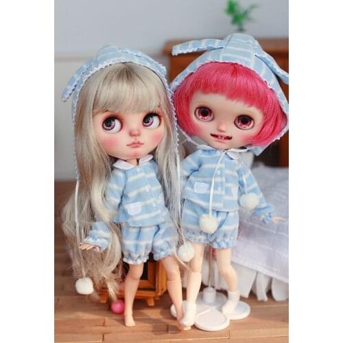 BJD available for Blythes doll AZONE Licca Chole clothes white and blue striped pajama suit doll accessories with rabbit ear hat