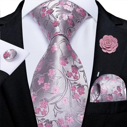 100% Silk Floral Pink Ties For Men Wedding Party Man Tie Handkerchief Brooch Cufflinks Set Men Accessories Gravata DiBanGu