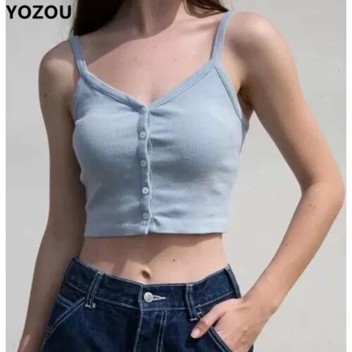 Women Button Up Crop Camis Top brandy melville crop top cropped cami female solid basic slim top