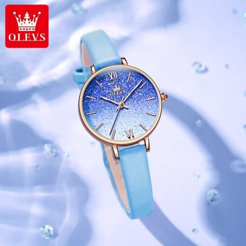 OLEVS Fashion Blue Starry Sky Dial Ladies WristWatch Rhinestone Rose Gold Case Leather Quartz Watch For Girls Womens Clock 6643