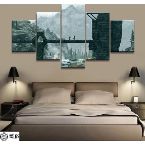 Home Decor Modular Canvas Picture 5 Piece Elder Scrolls V Skyrim Game Painting Poster Wall For Home Canvas Painting Wholesale