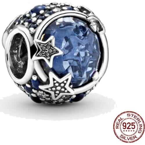 New 925 Sterling Silver Celestial Blue Sparkling Stars Charm Beads Fit Original Pandora Bracelet Silver 925 Jewelry Making