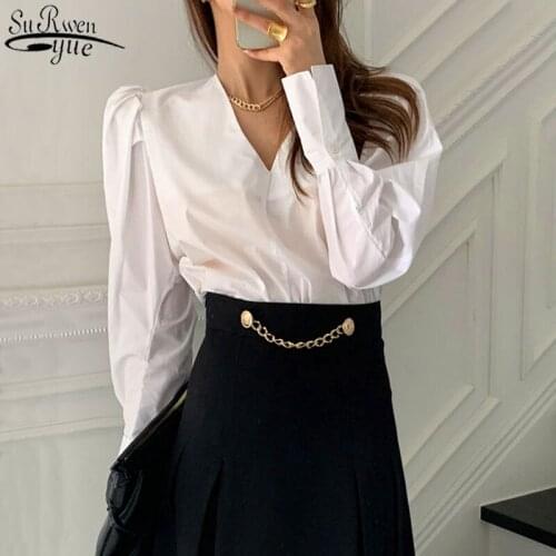 Solid White Blouse Office Lady Shirt Cotton Korean Chic Shirt Women Fashion V-neck Plus Size Loose Tops Blusas Blouses 12870