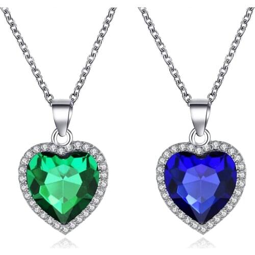 Blue Green Color Love Forever Pendant Necklace Ocean Heart Necklace for Women Simple Classic Inlaid Crystal Ocean Heart Necklace