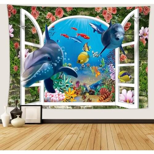 Underwater World 3d Tapestry Wall Hanging Animal Dolphin Turtle Coral Picture Polyester Cloth Room Decoration Wall Decor Bedroom