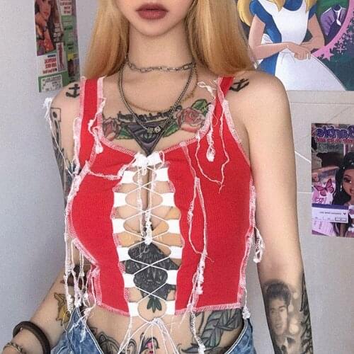 Christmas Women’s Summer Clothes Sexy Low-Cut Sleeveless U-Back Ripped Crop Top with Hollow Cross Straps for Girls