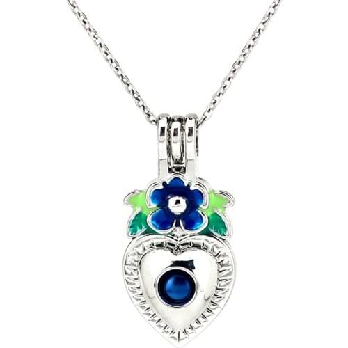 K1017 Silver Enamel Heart Flower Leaf Beads Pearl Cage Pendant Chain Aroma Essential Oil Diffuser Locket Necklace