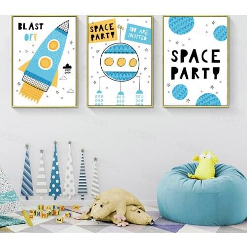 Nordic Cartoon Space Rocket UFO Universe Canvas Painting Planet Posters and Prints Wall Pictures Baby Kids Room Decor