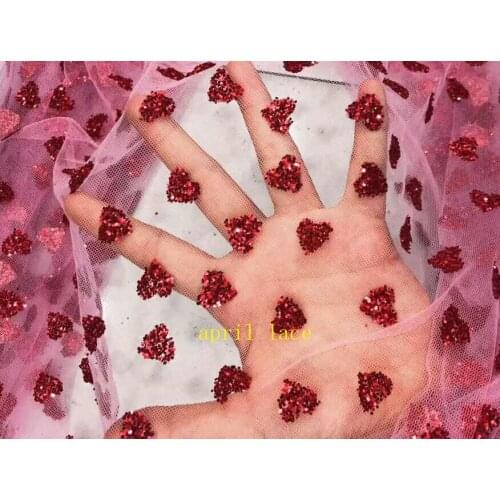 Stock 5yards/bag Rose - red love pattern fashion glitter powder fabric used in wedding dress design