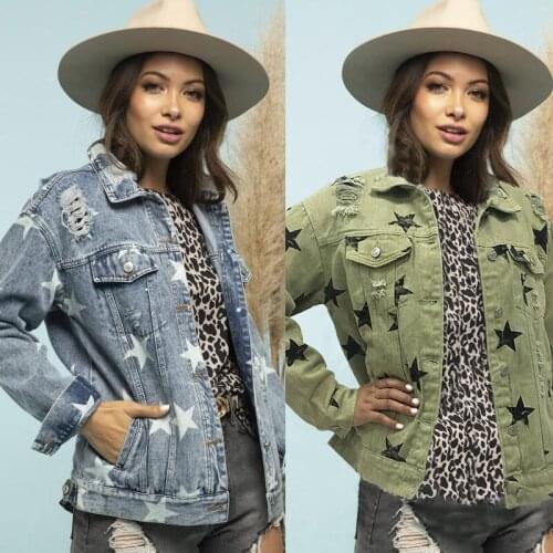 Women Jeans Jacket Washed Ripped hole Blue Denim Loose Print Star Female Jackets 2021 Fashion Casual Outwear Streetwear C2673