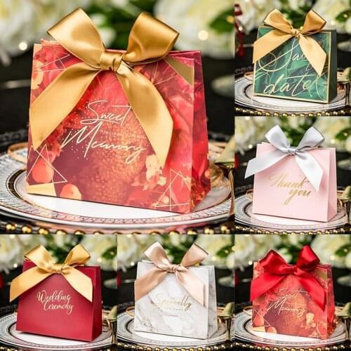 10pcs Candy Boxes With Ribbon Paper Gift Box Cardboard Packaging Bag Chocolates Cookies Storage Container Wedding Party Favors