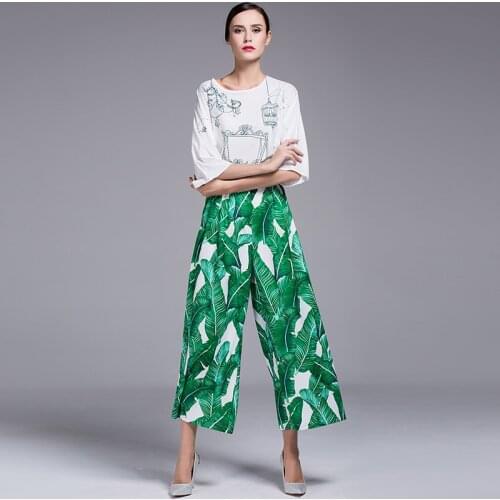 2017 Spring Summer Womens Celebrity Retro Vintage High waist Runway Fashion Green Leaf Print Wide Leg Pants