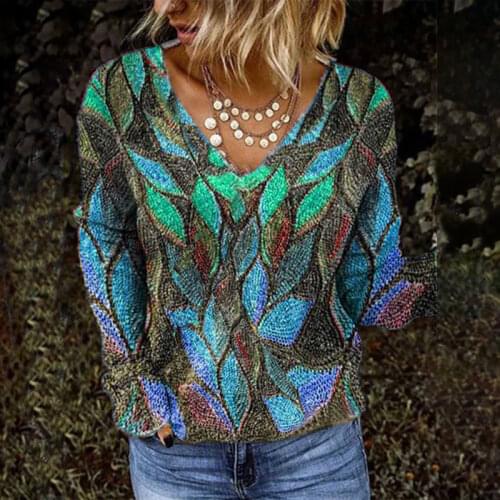 2020 Leaves Printed Women Casual Blouses Autumn Winter T Shirts V-Neck Long Sleeves Pullover Tops For Female