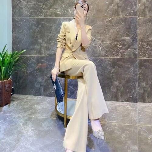 2021 Woman Solid Two Piece Set Female High Waist Straight Pants Suits Ladies Fashion New Double Breasted Jacket Formal Suit Q26