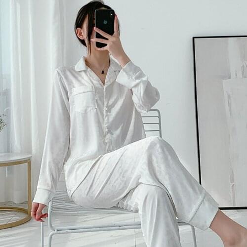 White Long Sleeve Shirt&Pant Pajamas Set Leopard 2PC Satin Sleep Suit Women Homewear Turn-down Collar Nightwear Lounge Sleepwear