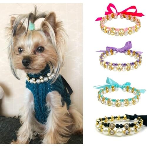 Noble Beautiful Alloy Pet Cat Dog ID Tag Anti-lost Ribbon Pearl Necklace Pet Cat Dog Collar Accessories For Small -Large Dogs20E