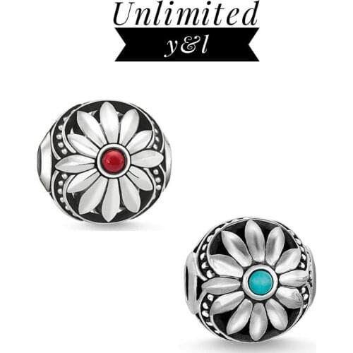 Ethnic Style Red/Blue Lotus Flower Karma Beads Silver Fashion DIY Making Jewelry Accessories Fit Bracelets&Necklaces Chain