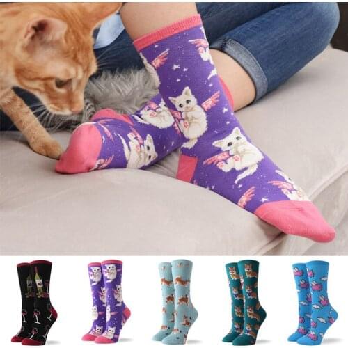 Hot Sale Colorful Womens Cotton Crew Socks Funny Banana Cat Animal Pattern Creative Ladies Novelty Socks For Gifts