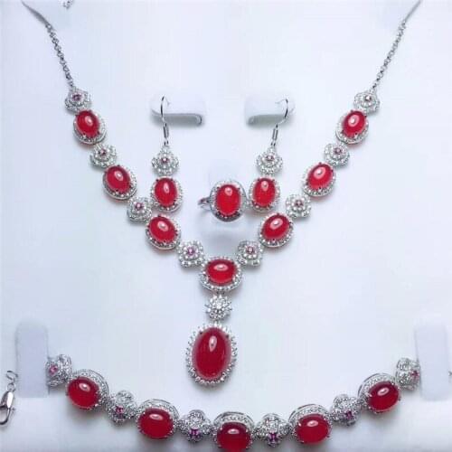 LETSFUN Fine Jewelry 925 Silver Inlaid Natural Chalcedony Round Pendant Necklace Ring Bracelet Earring Set Gifts Free Shipping