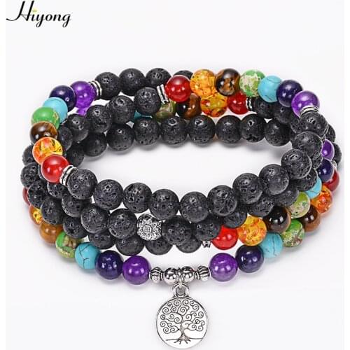 Fashion 7 Chakra 108 Mala Beads With Life Tree Lotus OM Buddha Yoga Bracelet or Necklace Lava Stone Charm Natural Stone Jewelry