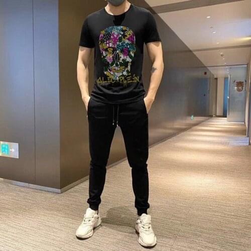 Men Tracksuit Spring Black Trousers and T-Shirt Fashion Sweatshirt Comfortable Tees Jogging Outdoor Male Suit Rhinestone Tops