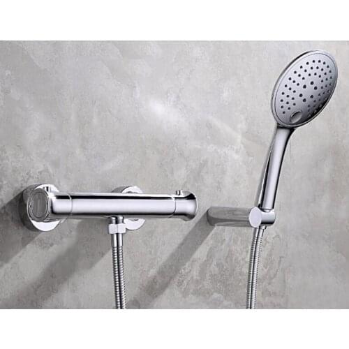 Wall mounted chrome finish copper thermostatic bath shower faucet mixer with shower and holder TV008