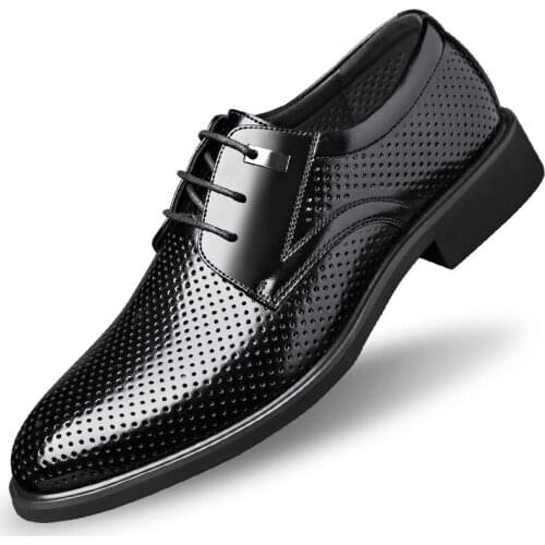 Brand New Summer Hollow Breathable Cow Split Mens Formal Dress Shoes With Hidden Elevator Insole Height Increasing 5 CM