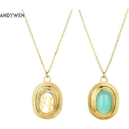 ANDYWEN 925 Sterling Silver Gold Turquoise White Drop Ovals Pendant Necklace Chains Women Fashion Jewelry For Women Statement