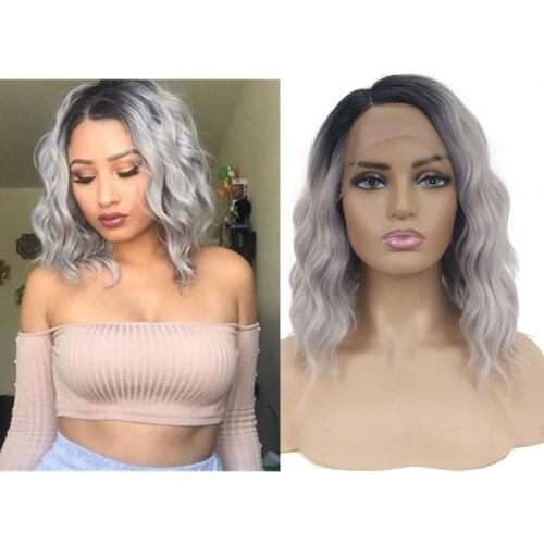 Hywamply 12" Short Stylish Synthetic Ombre Grey Front Lace Wigs Natural Wave Bob Hair Wigs for Woman Daily Wear