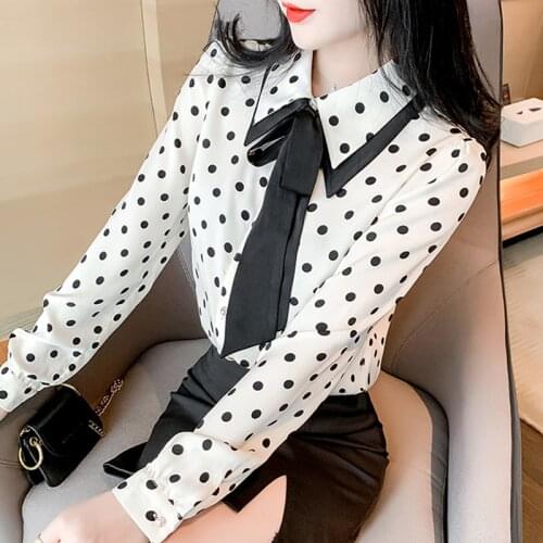 Spring New Turn down collar Polka dot Bownot Women Tops Elegant Chiffon blouse long-sleeved Office lady shirt