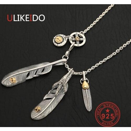 Solid 925 Sterling Silver Feather Necklace For Men Vintage Charms Takahashi Pendant Eagle Chain New Popular Jewelry P19