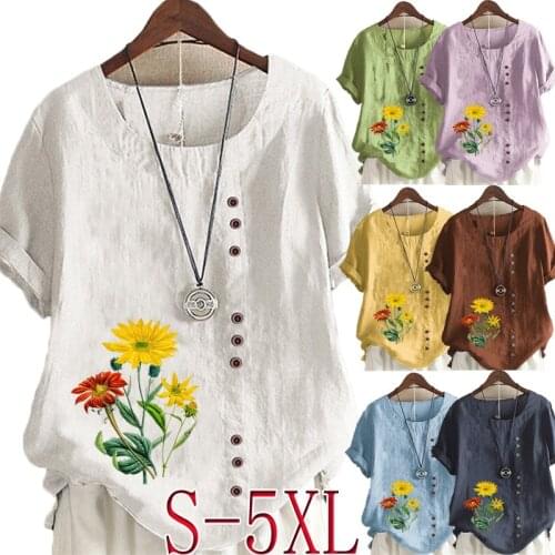Summer Flower Print Short-sleeved Round Neck T-shirt Ladies Casual Linen Shirt Plus Size Top S-5XL