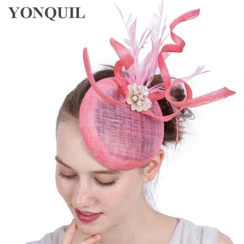 Pink Sinamay Wedding Bridal Chapeau Cap Hair Pin Women Fashion Fascinator Hat Fancy Feather Accessories Ladies Party Headpiece