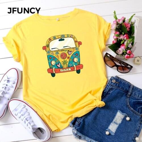 JFUNCY Women Cotton T-shirts Summer Plus Size O-Neck Short Sleeve Women T Shirt 2020 New Car Print Multicolor Female Tees Tops
