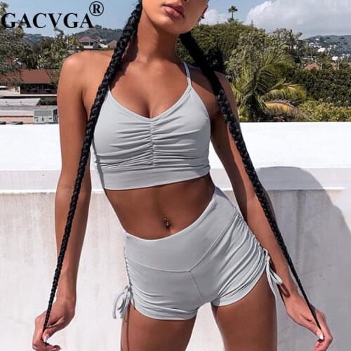 GACVGA Bandage Fitness Fashion Women Matching Sets Sleeveless Solid Sport Workout Two Piece Outfits Skinny Top And Pants Set