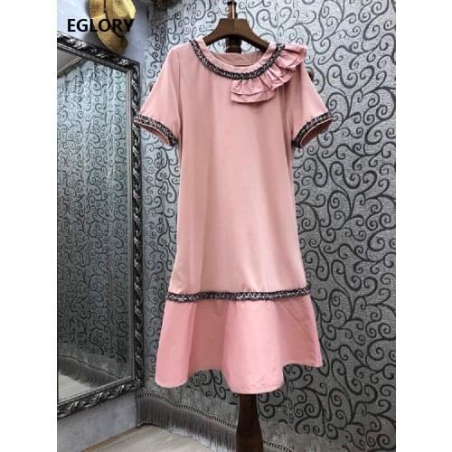 Pink Dark Blue Dress 2021 Summer Fashion Style Women O-Neck Appliques Embroidery Deco Short Sleeve Mid-Calf Casual Cotton Dress