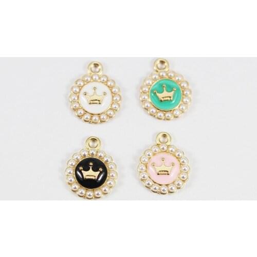 10pcs Drop Oil Crown Pearl Decor Round Shape Enamel Charms Alloy Pendants Fit DIY Bracelet Earrings Hair Jewelry Accessory FX451