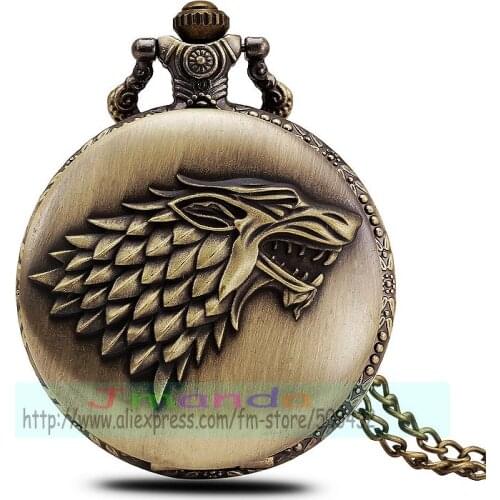 100pcs/lot wolf head style retro pocket watchbronze color hollow out quartz watch for unisex high quality clock with chain